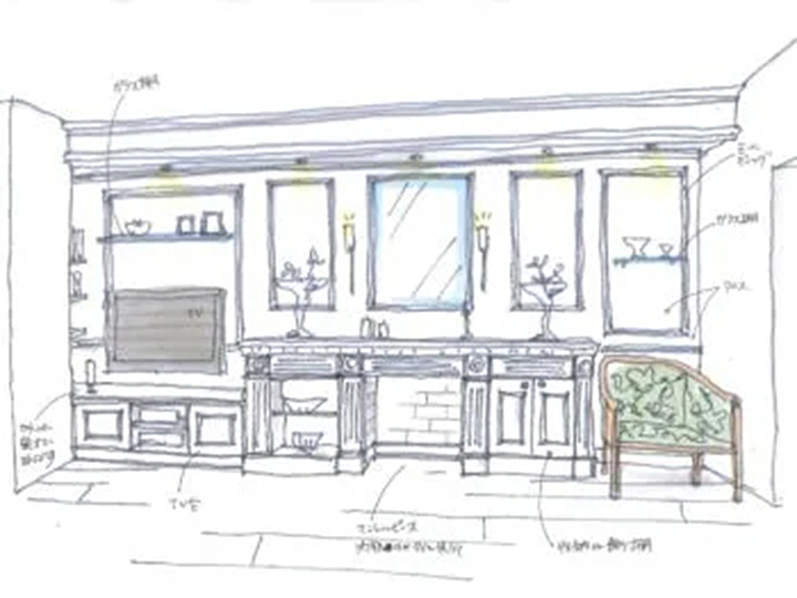 スケッチでご提案したデザインを採用いただき、イメージ通りのマントルピースが出来上がりました。